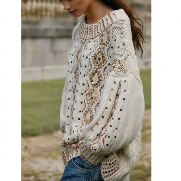 Free People Sweaters - NWT Free People Gilded Cable Embellished Sweater Tunic Ivory Cream